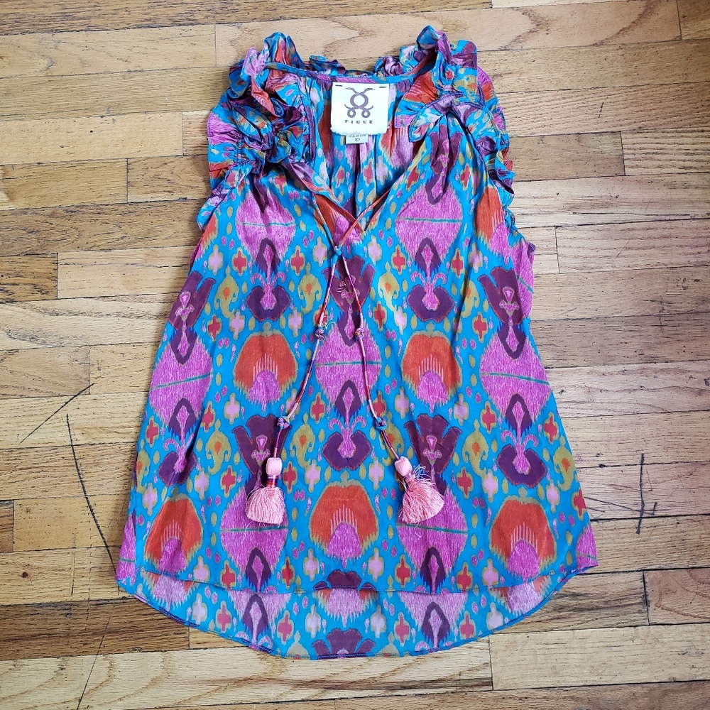 FIGUE Colorful Sleeveless Blouse with Tassels Size XS